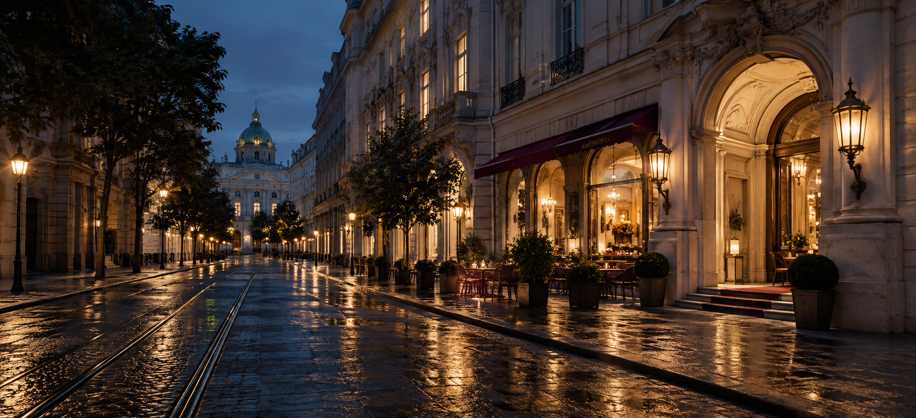 Redaktionelle Wiener Innenstadtstraße am Abend